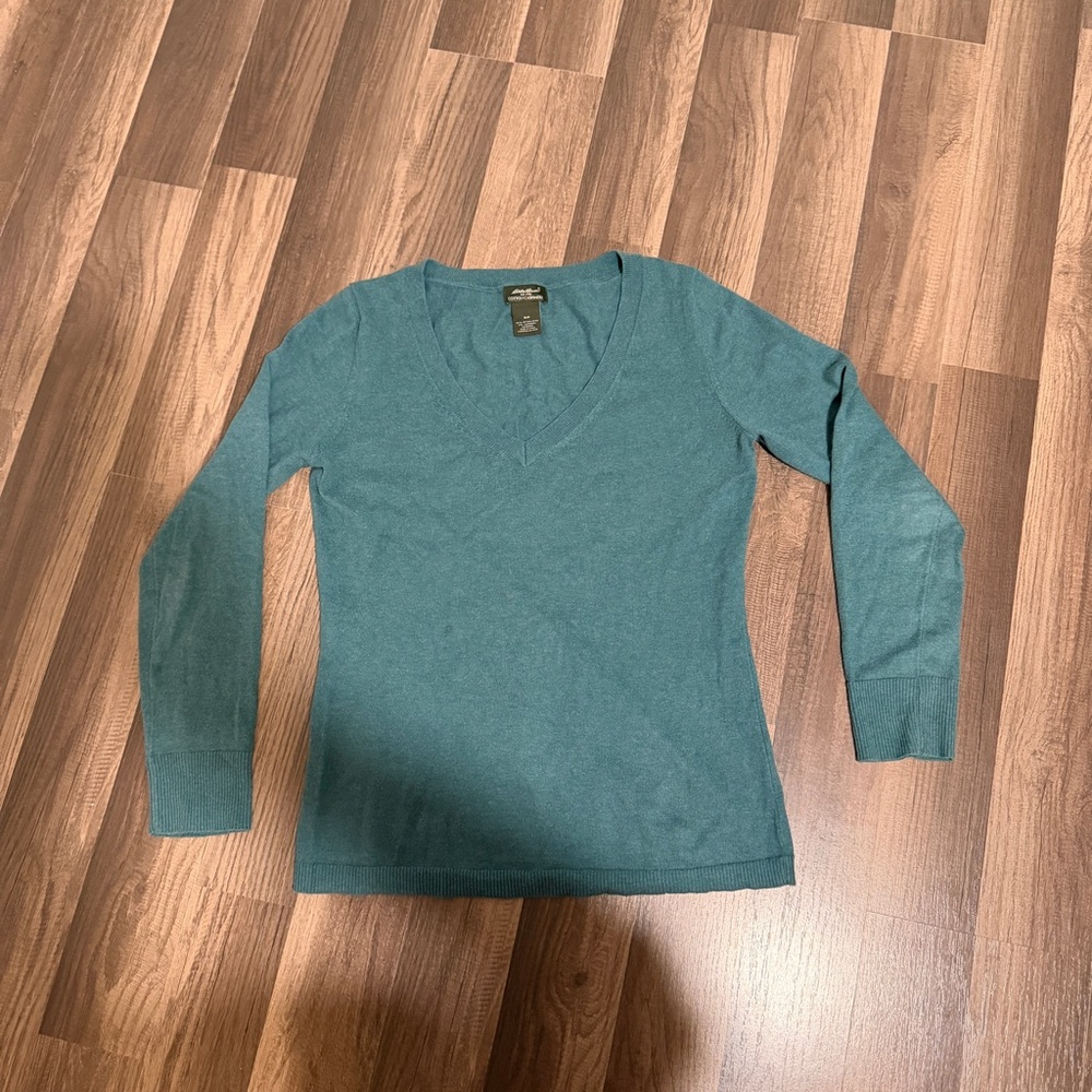 Eddie Bauer Teal Cotton Cashmere V neck Sweater.  Preppy Classic S.